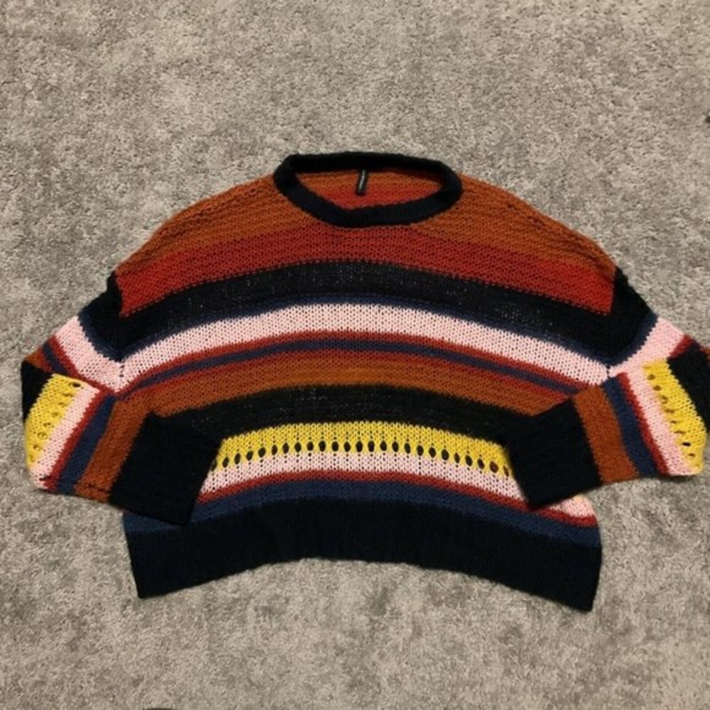 Moon & Madison Womens Striped Knit Sweater Relaxed Crop Size Large Knit Comfy